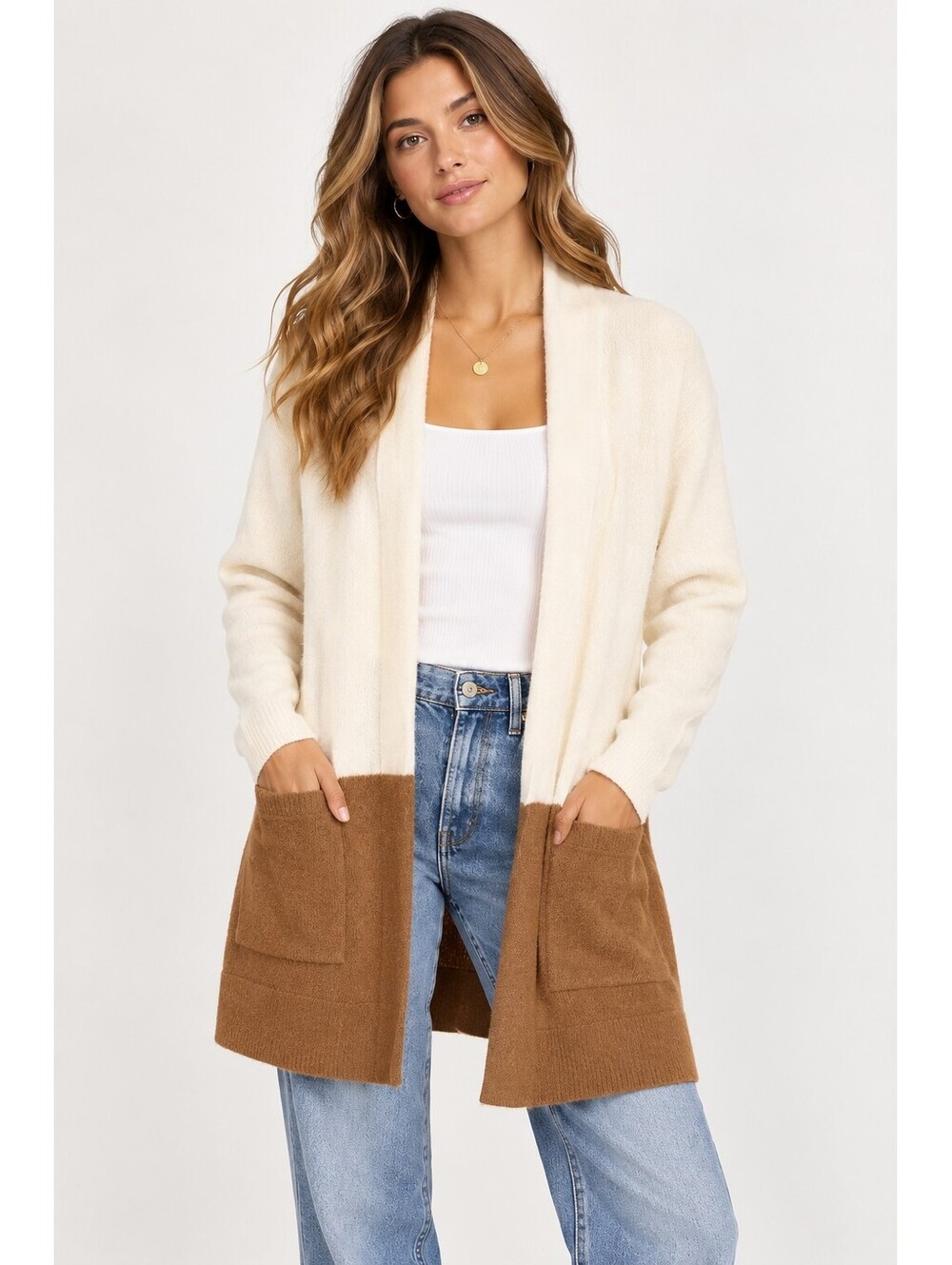 New Banana Republic Colorblock Open Front Cardigan Cream Camel Womens XS Pockets